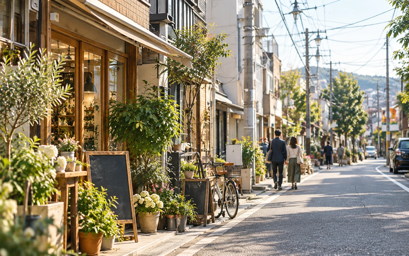 植物に囲まれた小さな店が並ぶ街並みのイメージ