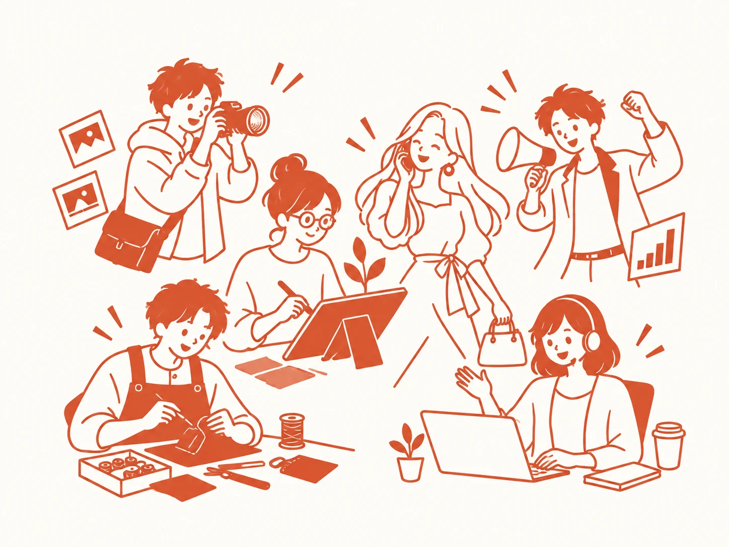 撮影、デザイン、制作など、それぞれの仕事に取り組む係たちのイラスト
