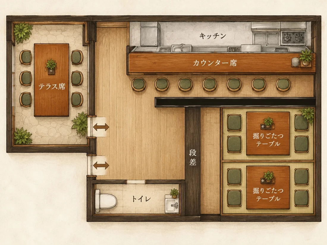店内見取り図。左にテラス席、奥にキッチンとカウンター席、右に掘りごたつテーブル2卓、手前にトイレと入口。掘りごたつ席には段差があります。